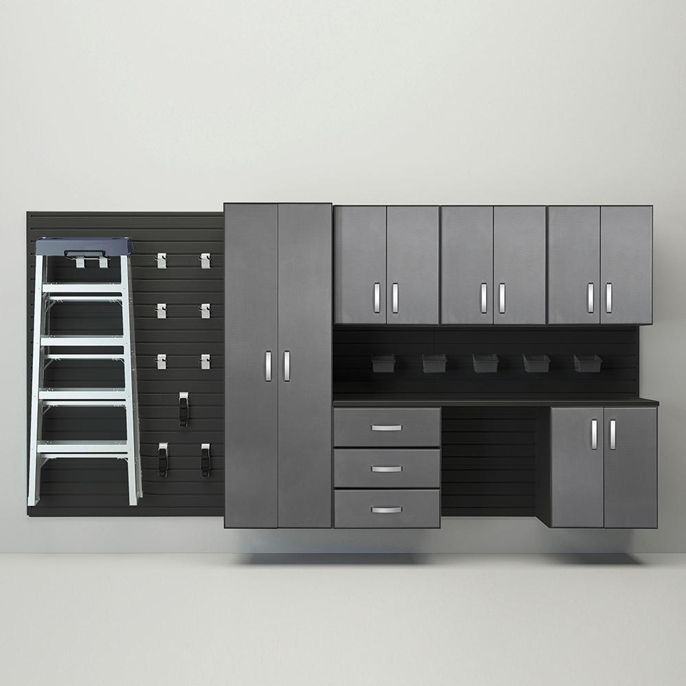 24 Piece Slatwall Panel; Tall Cabinet; Bin; Hook & Jumbo Workstation Storage Set - Black Slatwall / Graphite Carbon Cabinets