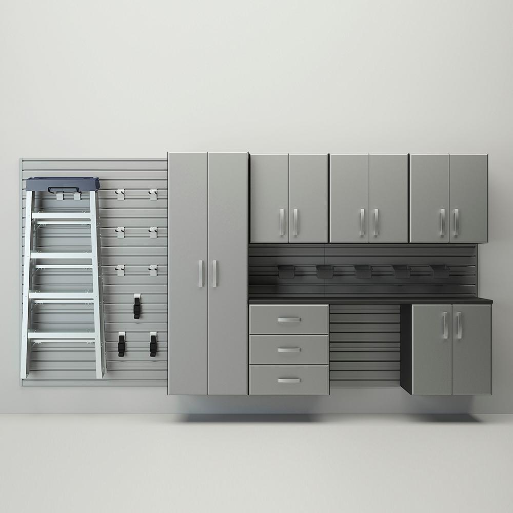 24 Piece Slatwall Panel; Tall Cabinet; Bin; Hook & Jumbo Workstation Storage Set - Silver Slatwall / Graphite Carbon Cabinets