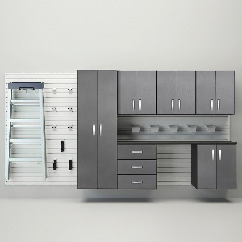 24 Piece Slatwall Panel; Tall Cabinet; Bin; Hook & Jumbo Workstation Storage Set - White Slatwall / Graphite Carbon Cabinets