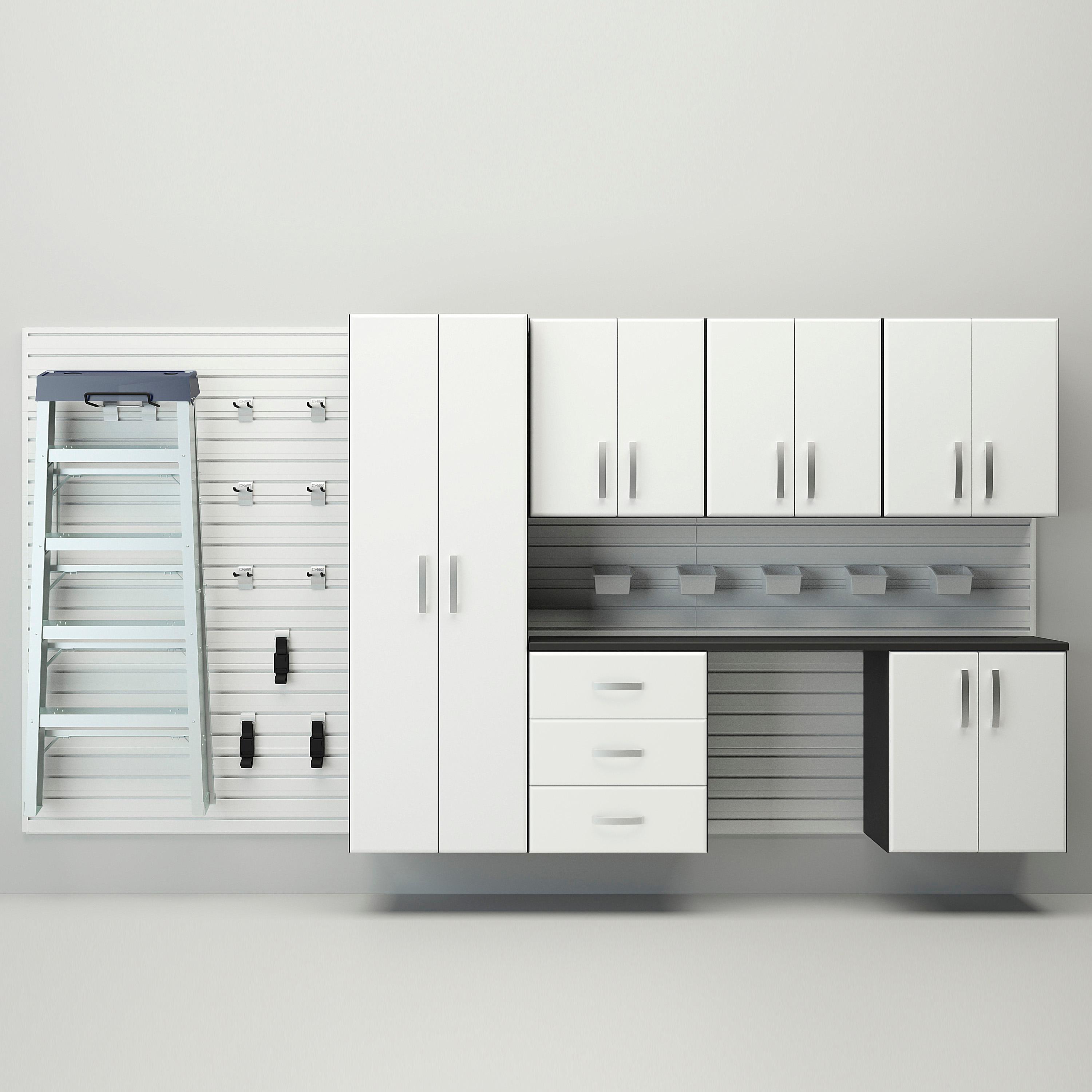 24 Piece Slatwall Panel; Tall Cabinet; Bin; Hook & Jumbo Workstation Storage Set - White Slatwall / White Cabinets