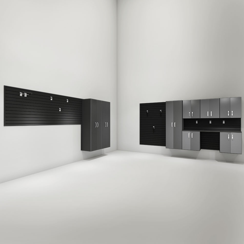 23 Piece Slatwall Panel; Tall Cabinet; Hook & Jumbo Workstation Storage Set - Black Slatwall / Graphite Carbon Cabinets