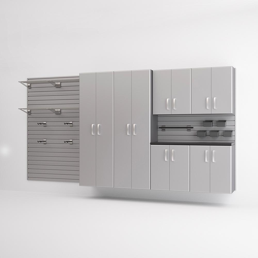 21 Piece Slatwall Panel; Tall Cabinet; Shelf; Bin; Hook & Large Workstation Storage Set - Silver Slatwall / Silver Cabintets