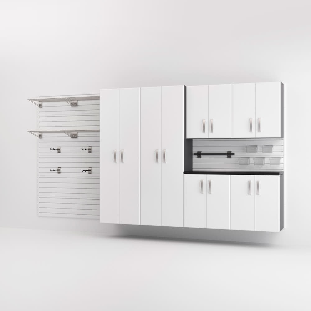 21 Piece Slatwall Panel; Tall Cabinet; Shelf; Bin; Hook & Large Workstation Storage Set - White Slatwall / White Cabinets