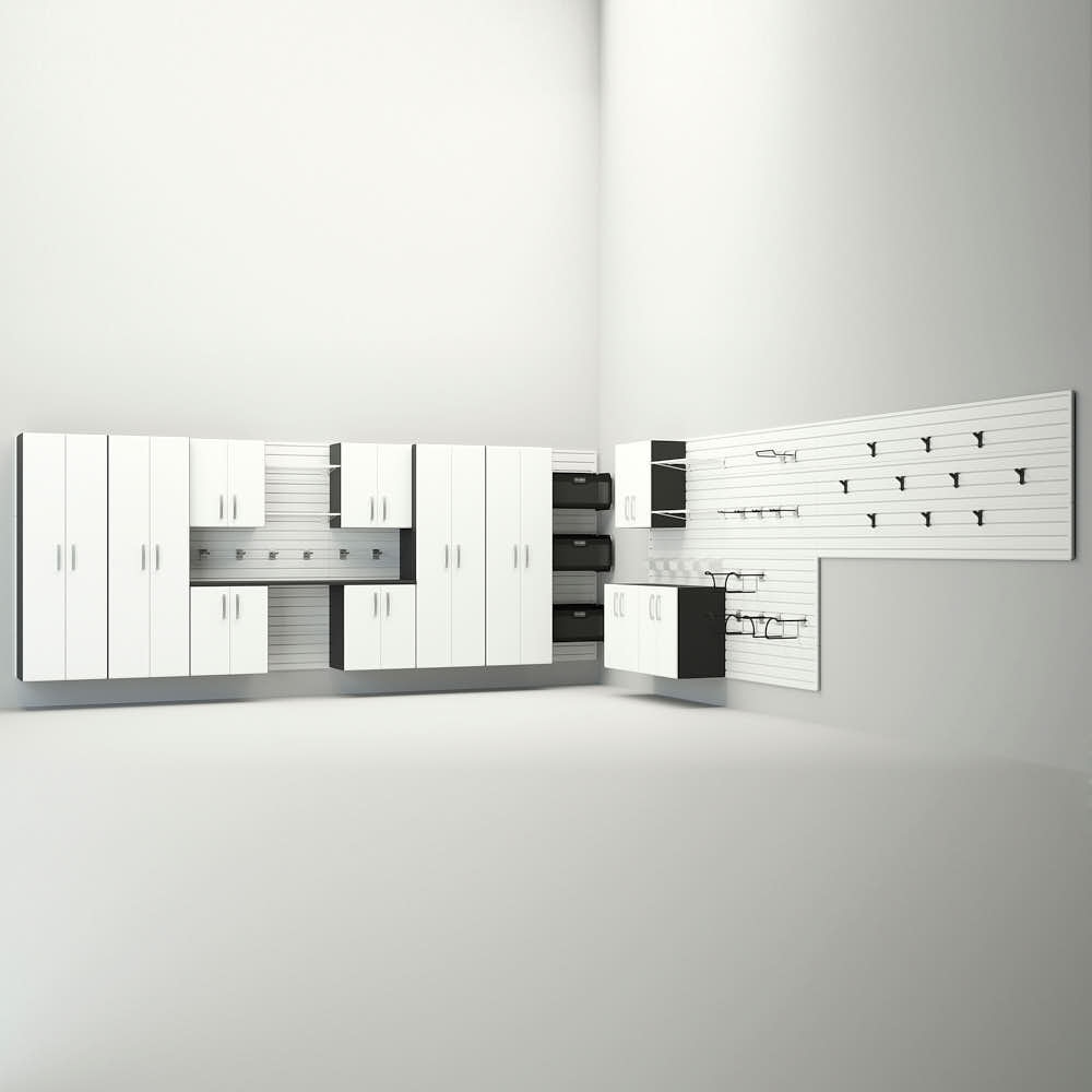 50 Piece Slatwall Panel; Tall Cabinet; Shelf; Bin; Hook & Workstation Storage Set - White Slatwall / White Cabinets