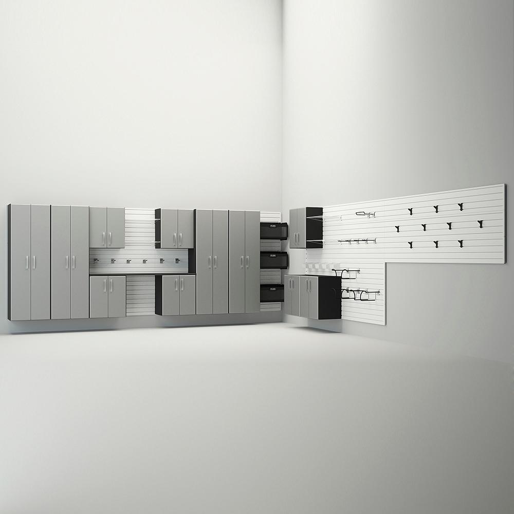 50 Piece Slatwall Panel; Tall Cabinet; Shelf; Bin; Hook & Workstation Storage Set - White Slatwall / Silver Cabinets