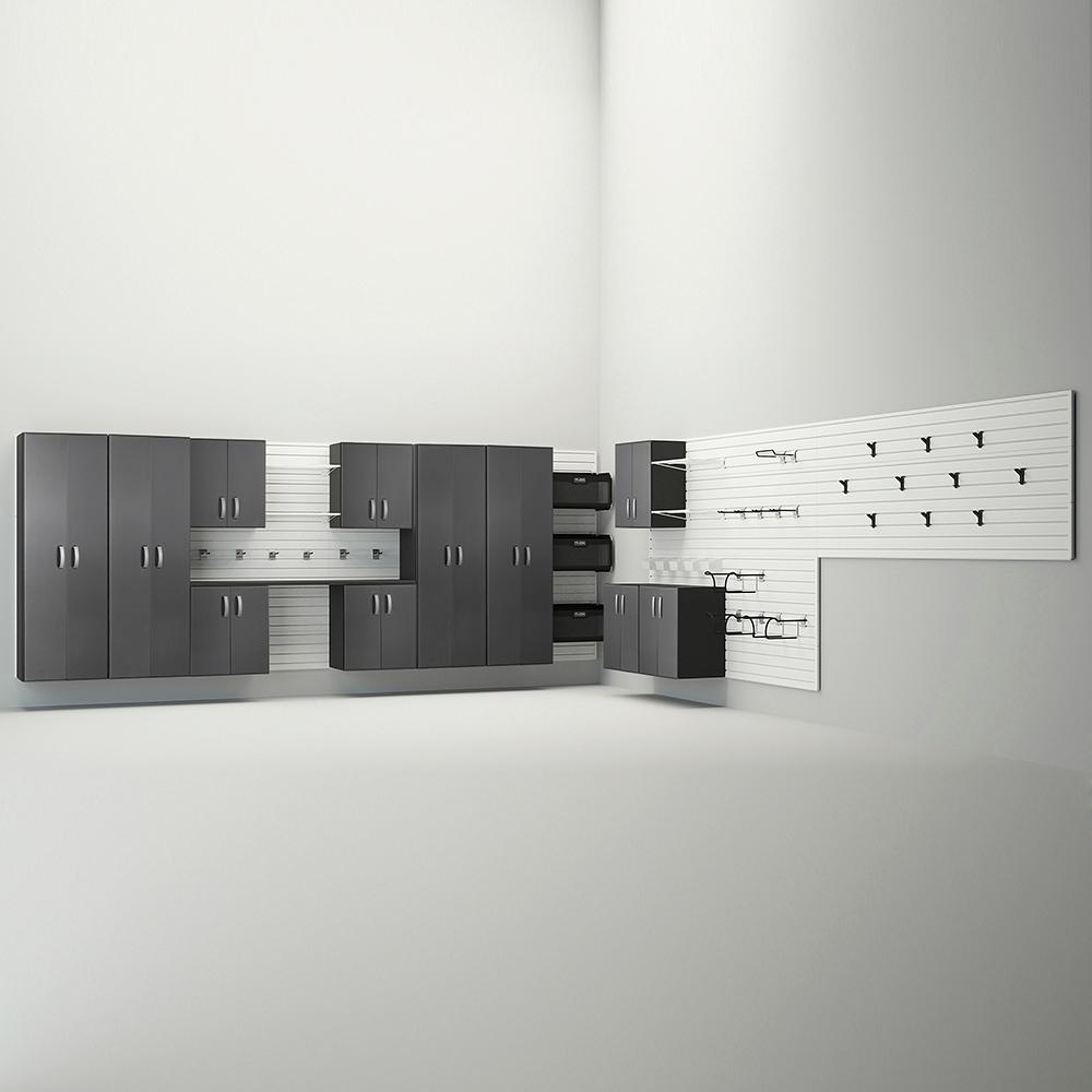 50 Piece Slatwall Panel; Tall Cabinet; Shelf; Bin; Hook & Workstation Storage Set - White Slatwall / Graphite Carbon Cabinets