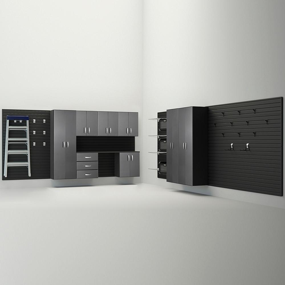 34 Piece Slatwall Panel; Tall Cabinet; Shelf; Bin; Hook & Jumbo Workstation Storage Set - Black Slatwall / Grpahite Carbon Cabinets