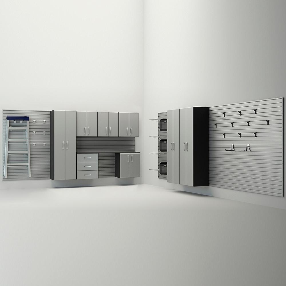 34 Piece Slatwall Panel; Tall Cabinet; Shelf; Bin; Hook & Jumbo Workstation Storage Set - Silver Slatwall / Silver Cabinets