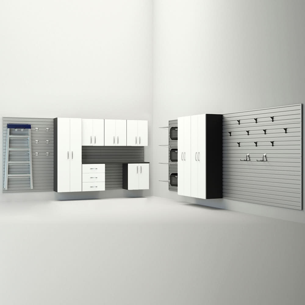 34 Piece Slatwall Panel; Tall Cabinet; Shelf; Bin; Hook & Jumbo Workstation Storage Set - Silver Slatwall / White Cabinets