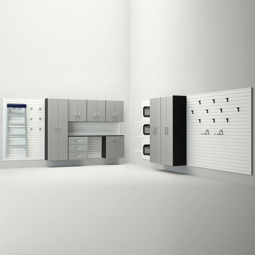 34 Piece Slatwall Panel; Tall Cabinet; Shelf; Bin; Hook & Jumbo Workstation Storage Set - White Slatwall / Silver Cabinets