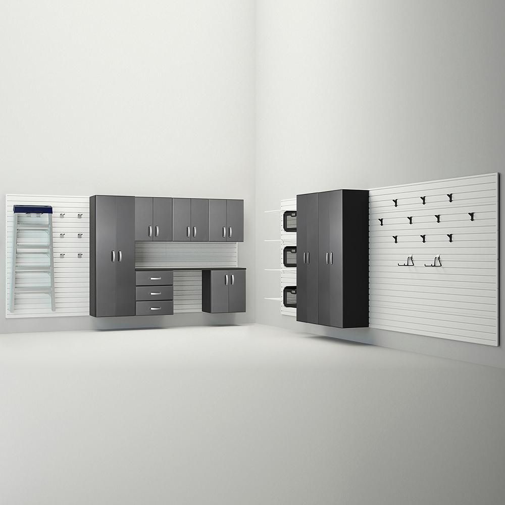 34 Piece Slatwall Panel; Tall Cabinet; Shelf; Bin; Hook & Jumbo Workstation Storage Set - White Slatwall / Graphite Carbon Cabinets