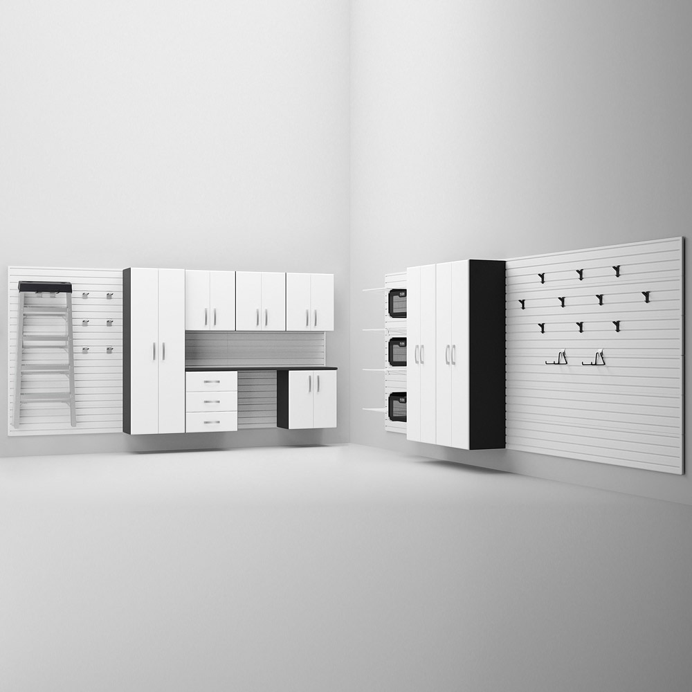 34 Piece Slatwall Panel; Tall Cabinet; Shelf; Bin; Hook & Jumbo Workstation Storage Set - White Slatwall / White Cabinets