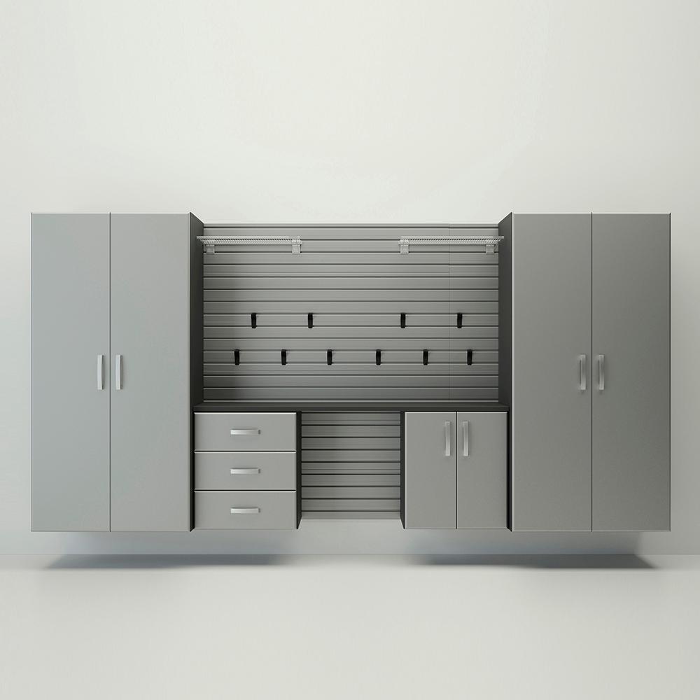 19 Piece Slatwall Panel; Jumbo Cabinet; Shelf; Hook & Jumbo Workstation Storage Set - Silver Slatwall / Silver Cabinets