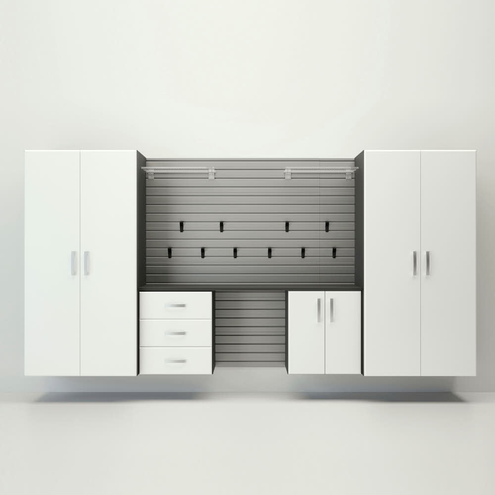 19 Piece Slatwall Panel; Jumbo Cabinet; Shelf; Hook & Jumbo Workstation Storage Set - Silver Slatwall / White Cabinets