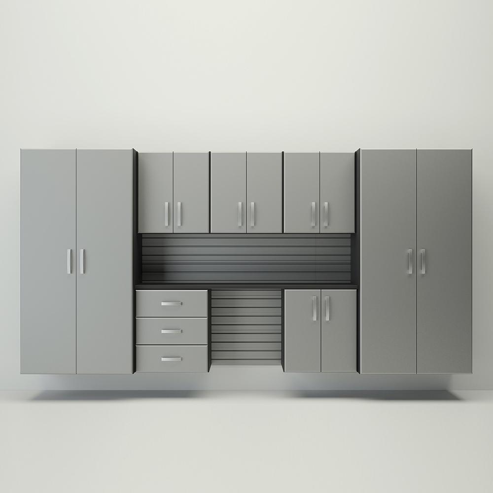 10 Piece Slatwall Panel; Jumbo Cabinet & Workstation Storage Set - Silver Slatwall / Silver Cabinets