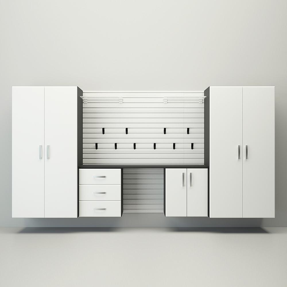 19 Piece Slatwall Panel; Jumbo Cabinet; Shelf; Hook & Jumbo Workstation Storage Set - White Slatwall / White Cabinets