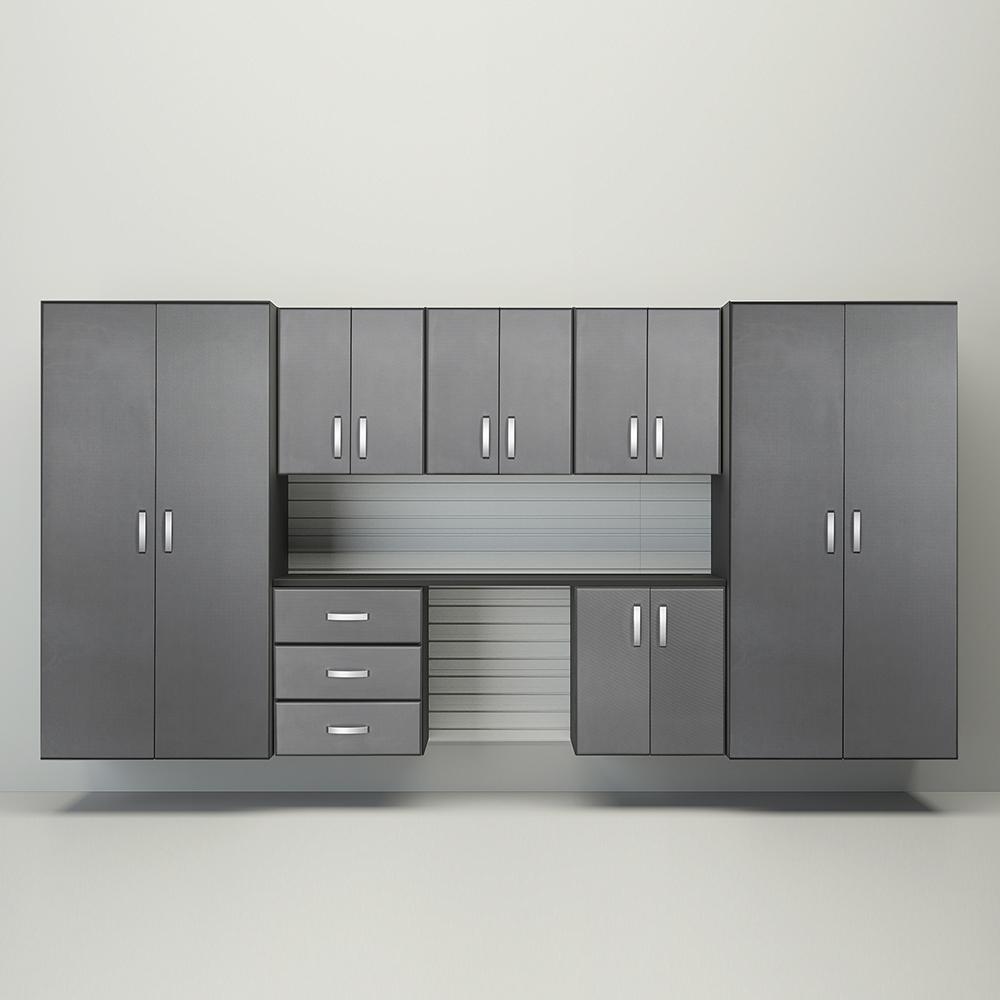 10 Piece Slatwall Panel; Jumbo Cabinet & Workstation Storage Set - White Slatwall / Graphite Carbon Cabinets