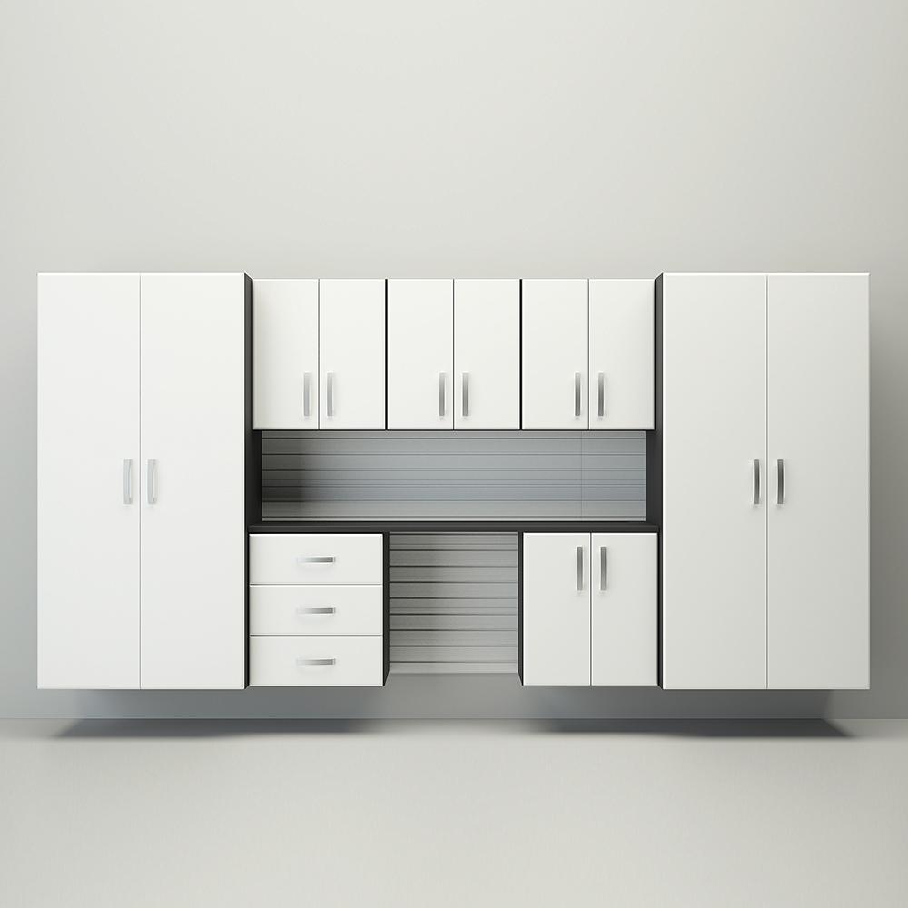 10 Piece Slatwall Panel; Jumbo Cabinet & Workstation Storage Set - White Slatwall / White Cabinets