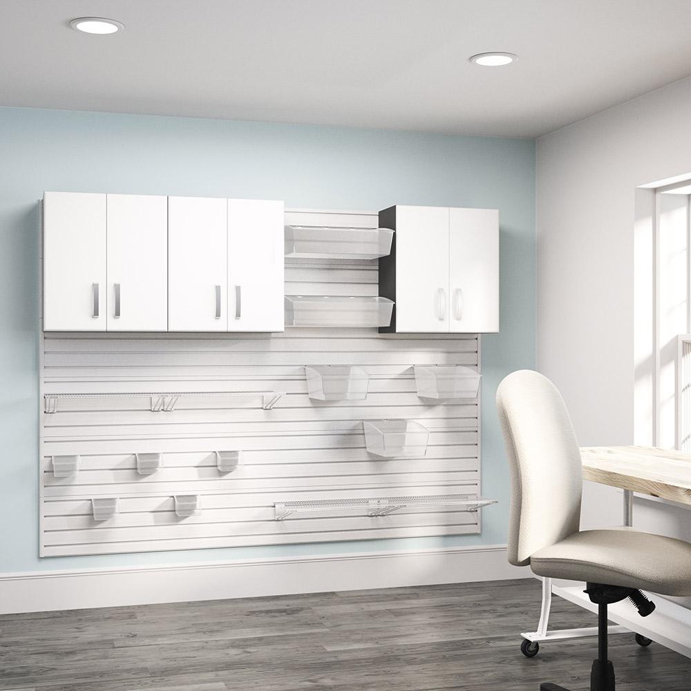 18 Piece Slatwall Panel; Top Cabinet; Shelf; Bin Storage Set - White Slatwall / White Cabinets