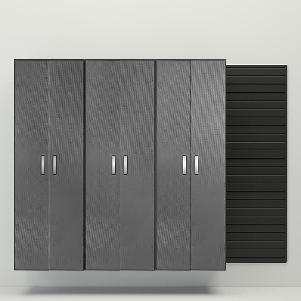 4 Piece Slatwall Panel & Tall Cabinet Storage Set - Black Slatwall / Graphite Carbon Cabinets