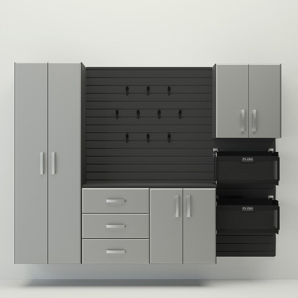 18 Piece Slatwall Panel; Tall Cabinet; Soft Bin; Hook & Large Workstation Storage Set - Black Slatwall / Silver Cabinets