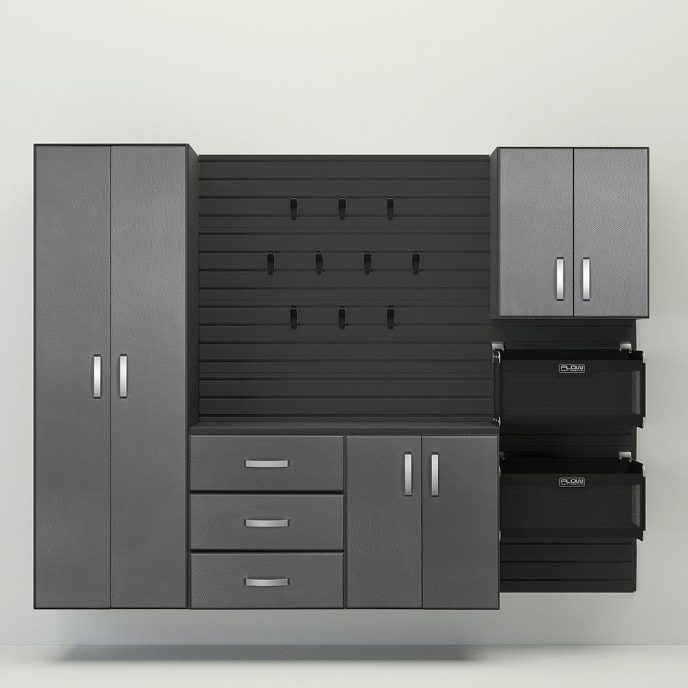 18 Piece Slatwall Panel; Tall Cabinet; Soft Bin; Hook & Large Workstation Storage Set - Black Slatwall / Graphite Carbon Cabinets