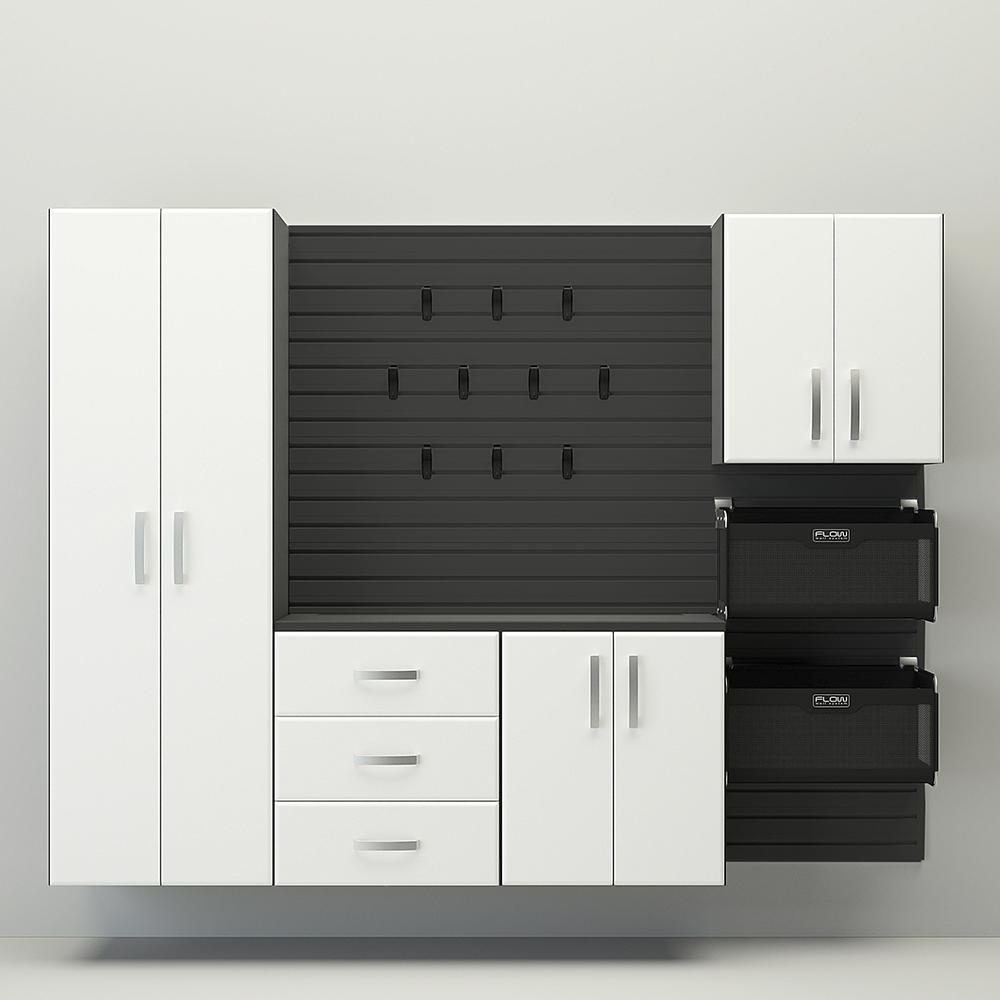 18 Piece Slatwall Panel; Tall Cabinet; Soft Bin; Hook & Large Workstation Storage Set - Black Slatwall / White Cabinets