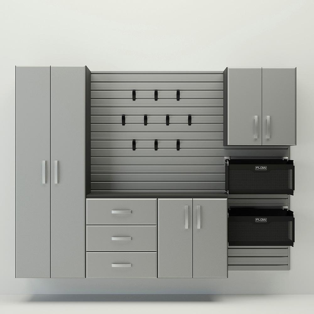 18 Piece Slatwall Panel; Tall Cabinet; Soft Bin; Hook & Large Workstation Storage Set - Silver Slatwall / Silver Cabinets