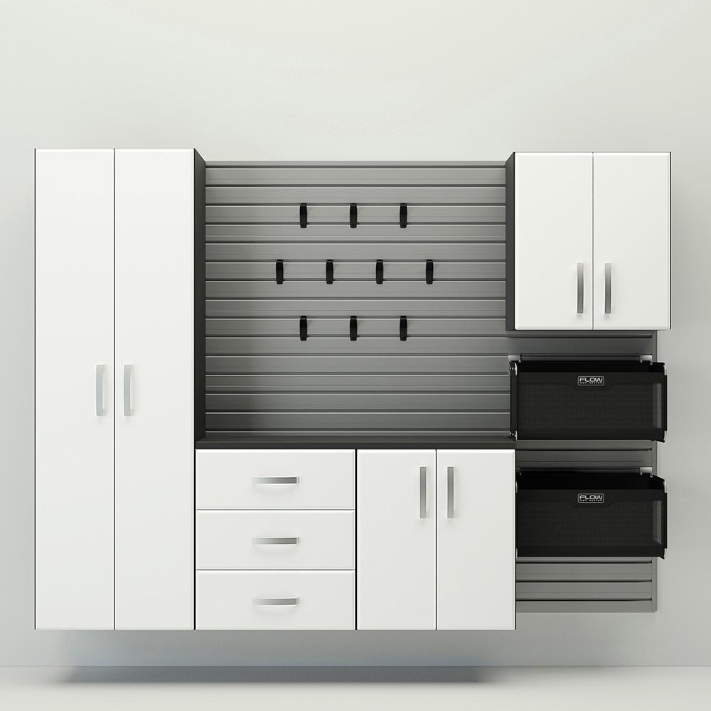 18 Piece Slatwall Panel; Tall Cabinet; Soft Bin; Hook & Large Workstation Storage Set - Silver Slatwall / White Cabinets