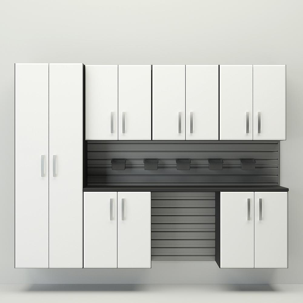 13 Piece Slatwall Panel; Tall Cabinet; Bin & Jumbo Workstation Storage Set - Silver Slatwall / White Cabinets