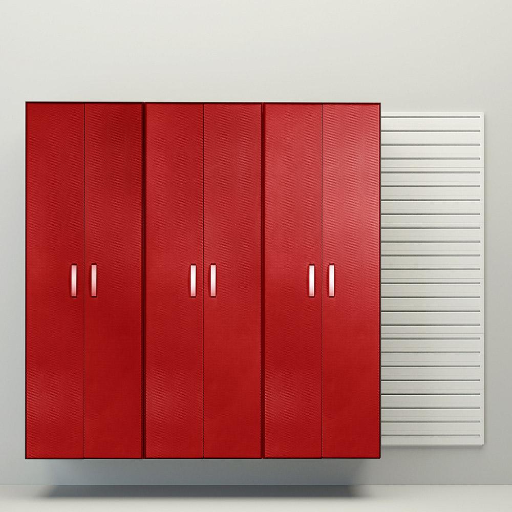 4 Piece Slatwall Panel & Tall Cabinet Storage Set - White Slatwall  / Red Carbon Cabinets