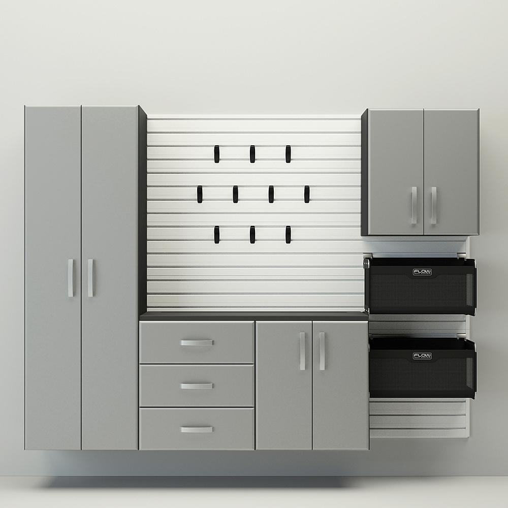 18 Piece Slatwall Panel; Tall Cabinet; Soft Bin; Hook & Large Workstation Storage Set - White Slatwall / Silver Cabinets