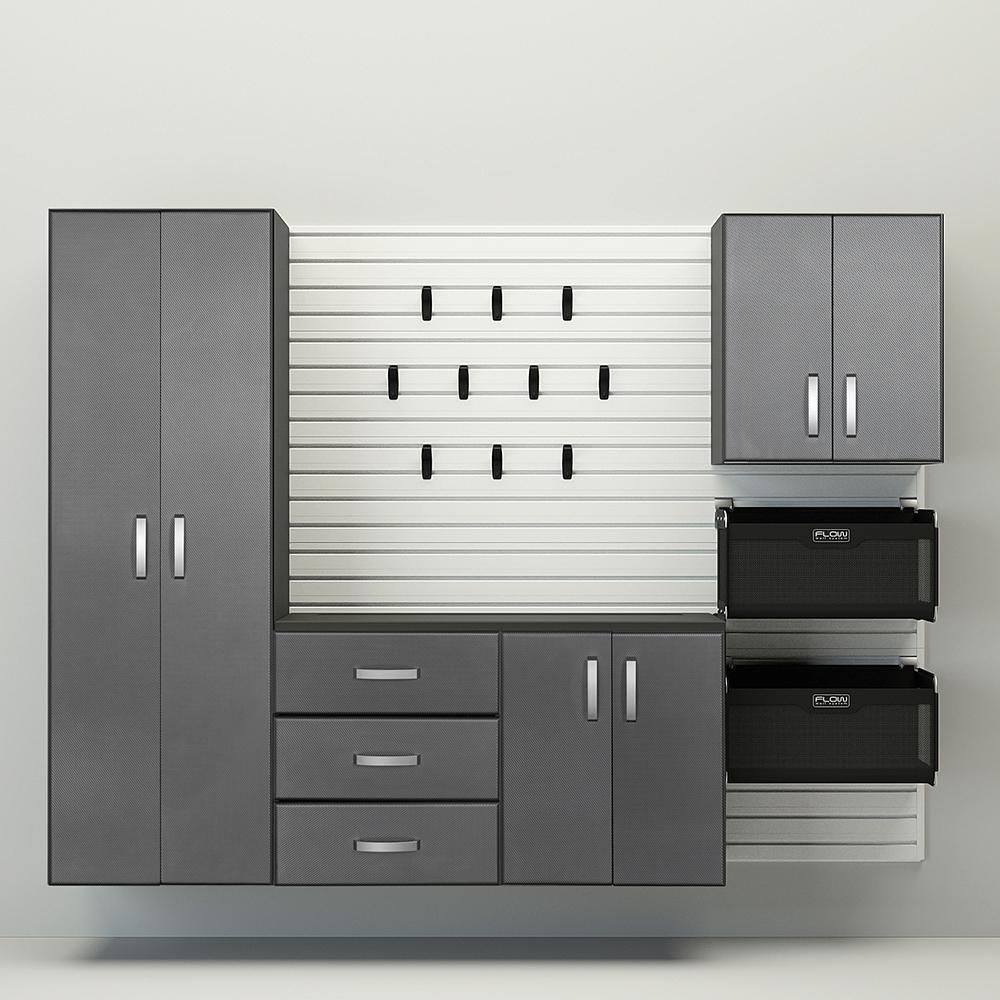 18 Piece Slatwall Panel; Tall Cabinet; Soft Bin; Hook & Large Workstation Storage Set - White Slatwall / Graphite Carbon Cabinets