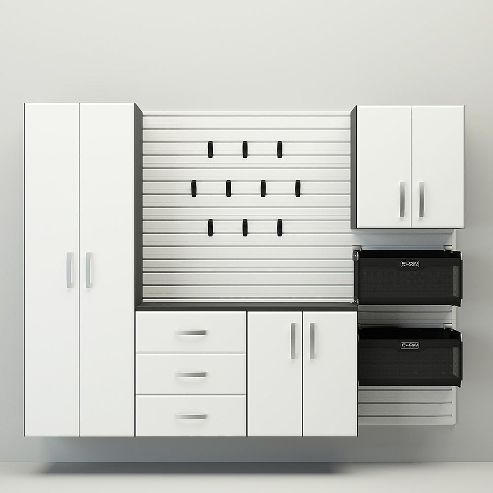 18 Piece Slatwall Panel; Tall Cabinet; Soft Bin; Hook & Large Workstation Storage Set - White Slatwall / White Cabinets