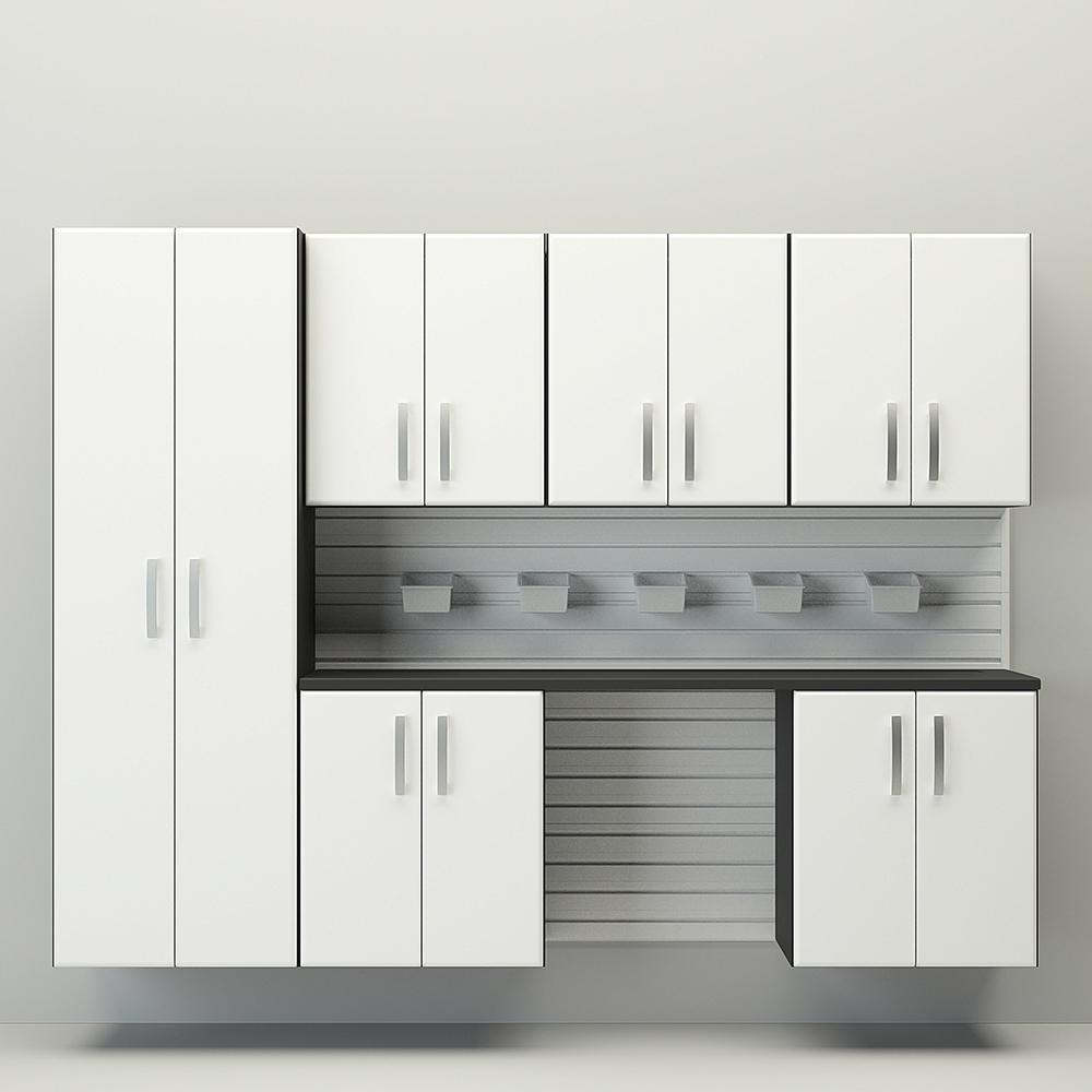 13 Piece Slatwall Panel; Tall Cabinet; Bin & Jumbo Workstation Storage Set - White Slatwall / White Cabinets