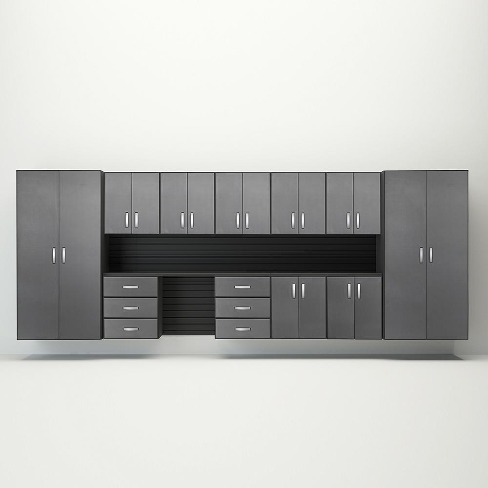 15 Piece Slatwall Panel; Jumbo Cabinet & Workstation Storage Set - Black Slatwall / Graphite Carbon Cabinets