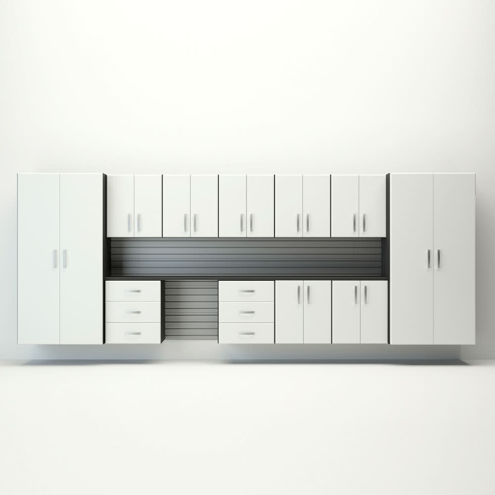 15 Piece Slatwall Panel; Jumbo Cabinet & Workstation Storage Set - Silver Slatwall / White Cabinets