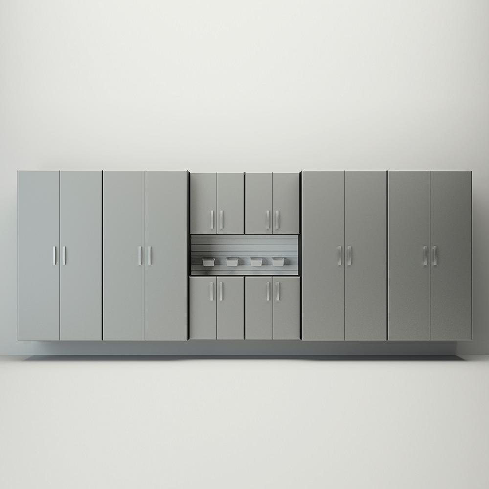 13 Piece Slatwall Panel; Jumbo Cabinet & Bin Storage Set - White Slatwall / Silver Cabinets