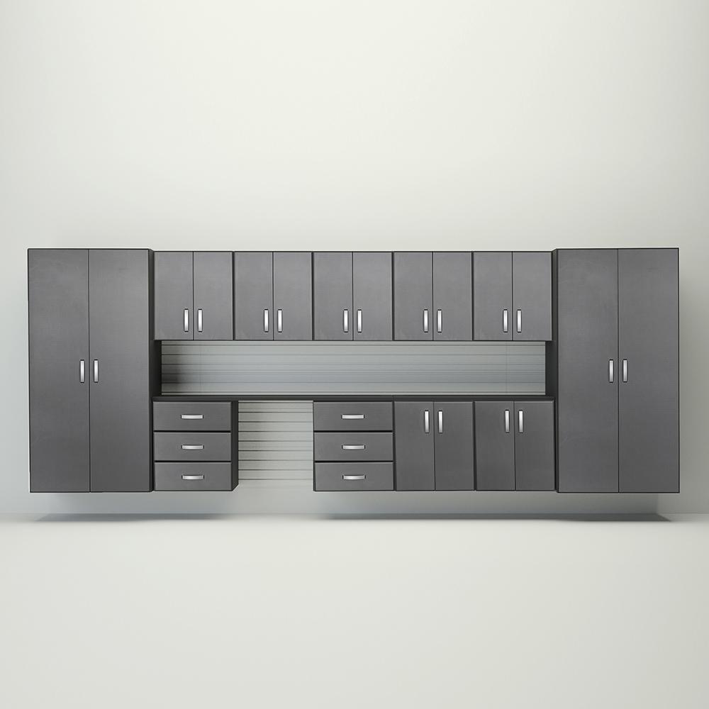 15 Piece Slatwall Panel; Jumbo Cabinet & Workstation Storage Set - White Slatwall / Graphite Carbon Cabinets