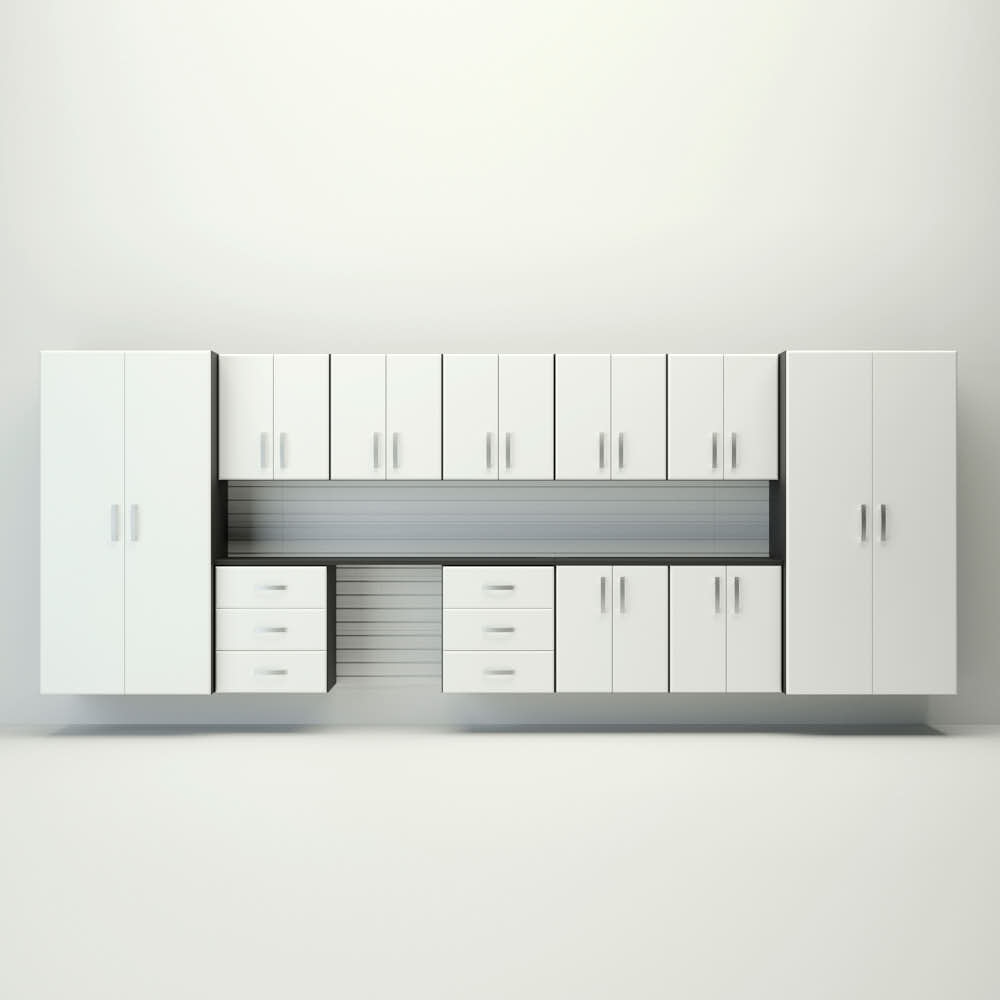 15 Piece Slatwall Panel; Jumbo Cabinet & Workstation Storage Set - White Slatwall / White Cabinets