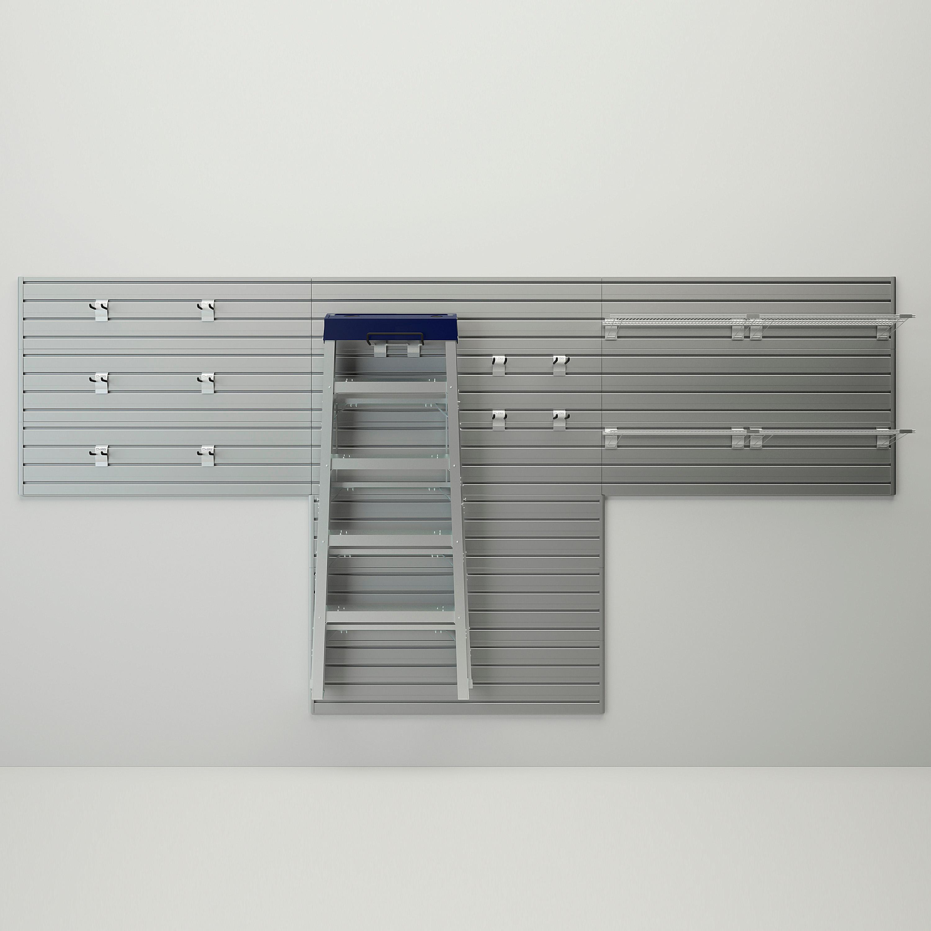 16 Piece Slatwall Panel; Shelf & Hook Storage Set - Silver Slatwall