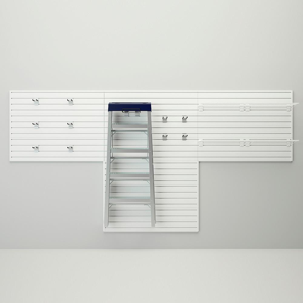 16 Piece Slatwall Panel; Shelf & Hook Storage Set - White Slatwall