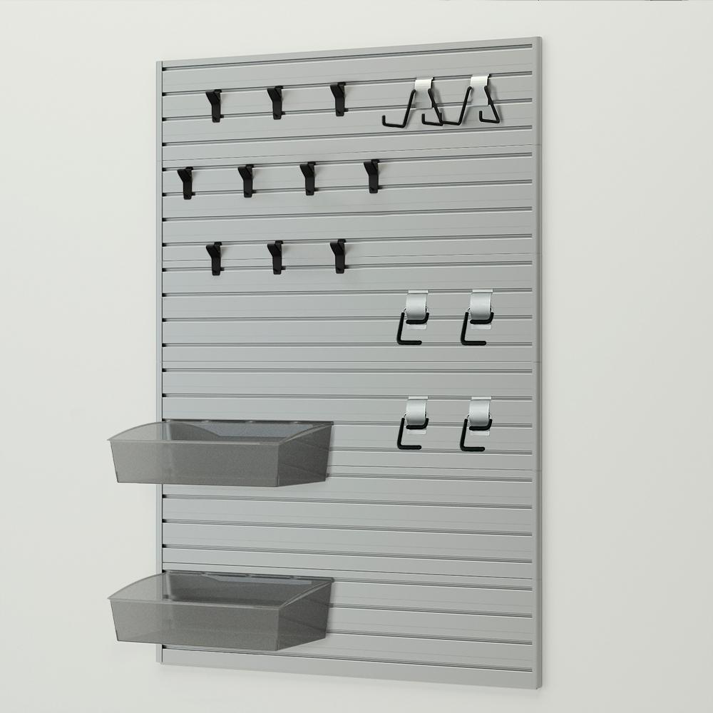 19 Piece Slatwall Panel; Bin; Hook Storage Set - Silver Slatwall