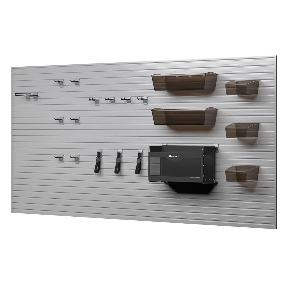 21 Piece Slatwall Panel, Hook & Bin Storage Set - Silver Slatwall